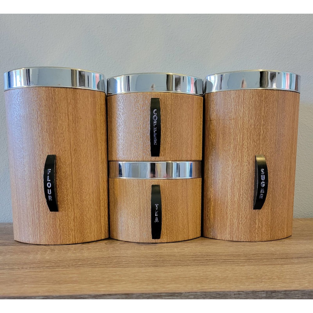 1950-1960's Kromex wood grain kitchen cannister set